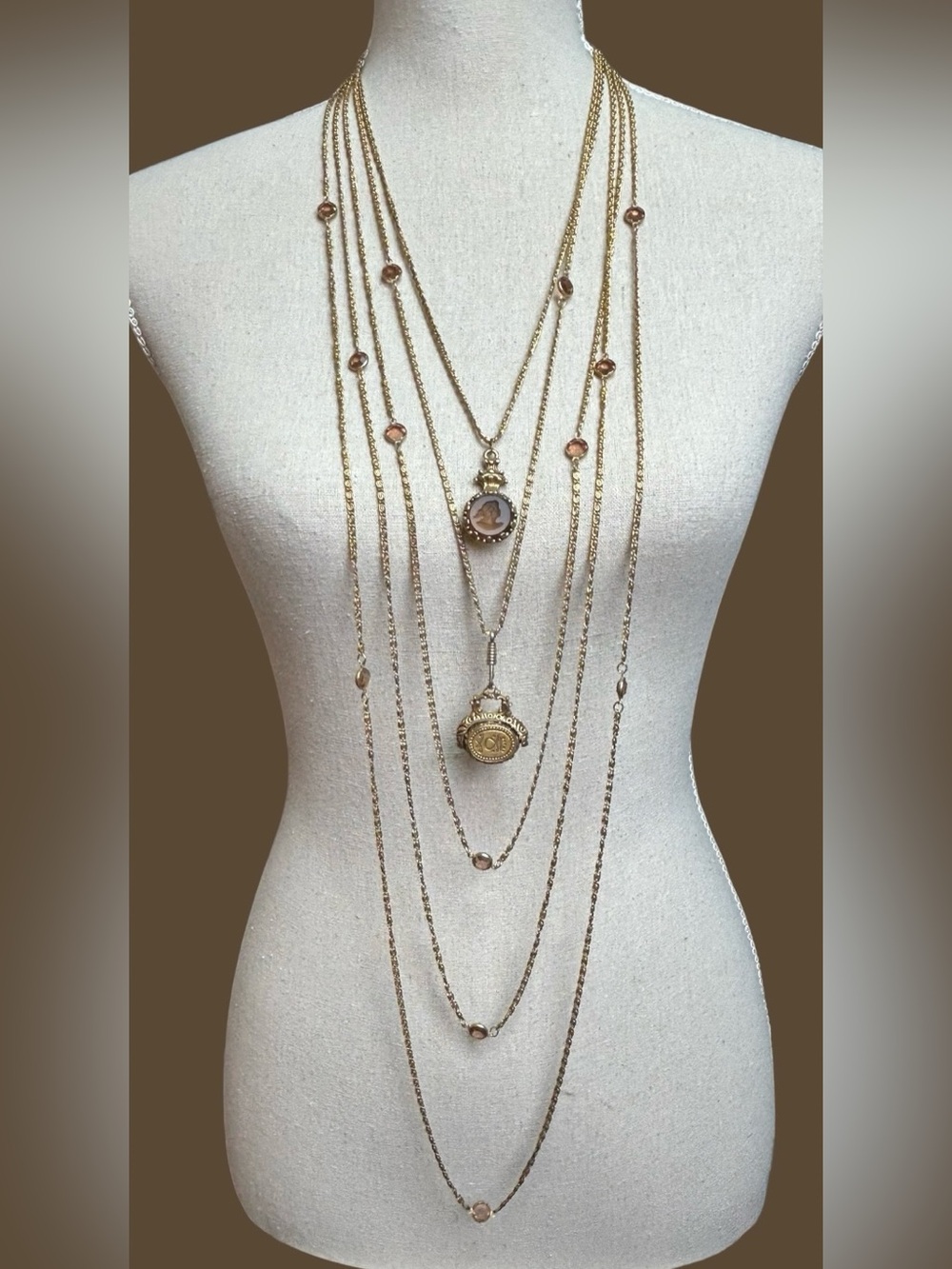Vintage 1960s Goldette 5-Strand Layered Spinner Fob Necklace, Amber Intaglio
